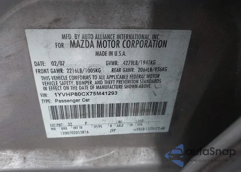 2007 Mazda Mazda6 I Sport Ve z USA, uszkodzony, nr VIN 1YVHP80CX75M41293